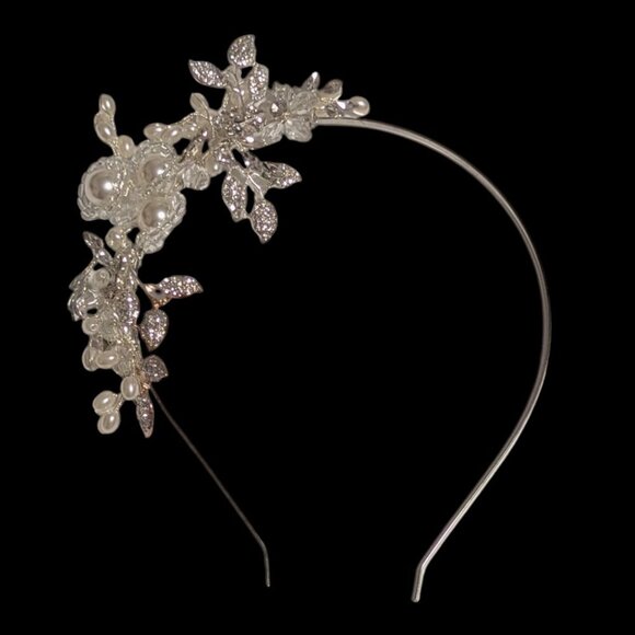 Pearl Rhinestone Headband Tiara Side View Silver Tone Bridal Event Ball Boho - Picture 6 of 6